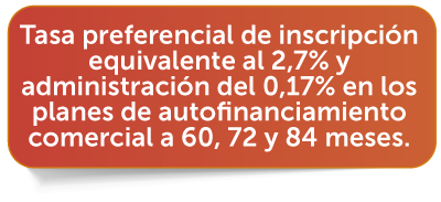 Tasa preferencial de inscripción equivalente al 2,7% y administración del 0,17% en los planes de autofinanciamiento comercial a 60, 72 y 84 meses.